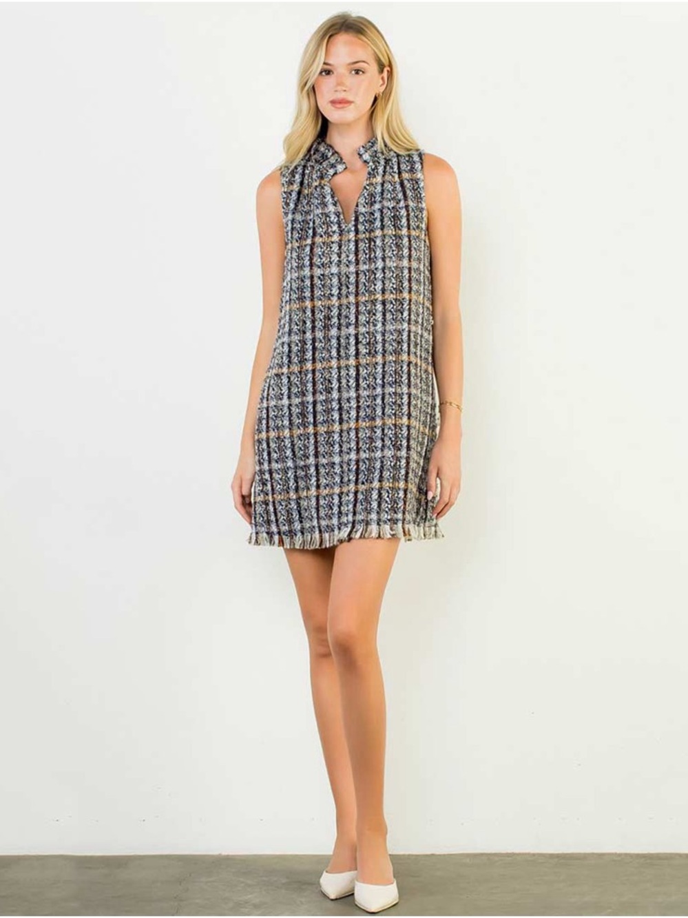 THML Sleeveless Navy Plaid Tweed Dress, Sz Small NWOT
